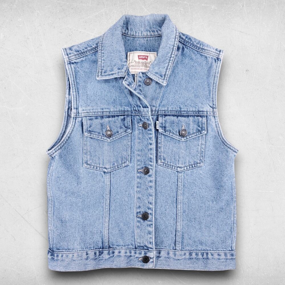 VTG Levi's Denim Vest Junior L (Women XS/S) Stone Wash Blue Streetwear Retro Y2K - Picture 2 of 11